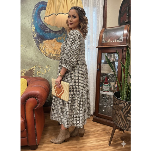 Polagram Boho Black Cream Floral Textured Puff Sleeve Tiered Babydoll Midi Dress - Picture 2 of 13